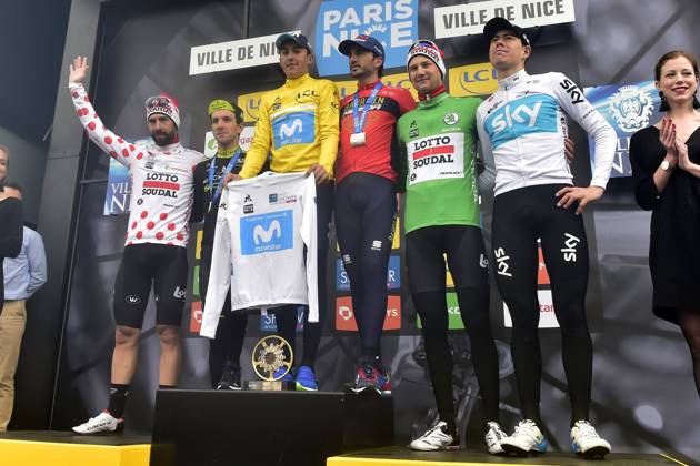 Paris-Nice 2018 stage 8 NICE, FRANCE - MARCH 11 : DE GENDT Thomas (BEL) of Lotto Soudal, WELLENS Tim (BEL) of Lotto Soudal, IZAGIRRE INSAUSTI Gorka (ESP) of Bahrain - Merida, SOLER Marc (ESP) of Movistar Team and YATES Simon (GBR) of Mitchelton - Scott pictured during the podium ceremony after stage 8 of the 2018 Paris - Nice cycling race with start and finish in Nice (110 km) on March 11, 2018 in Nice, France, 11 03 2018 Nice France Copyright: xPeterxDexVoechtx 10700095-033
