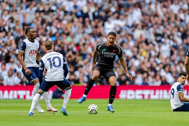 Tottenham Hotspur v Arsenal Premier League 15 09 2024. William Saliba (2) of Arsenal reacts during the Premier League match between Tottenham Hotspur and Arsenal at Tottenham Hotspur Stadium, London, United Kingdom on 15 September 2024. Editorial use only DataCo restrictions apply See www.football-dataco.com , Copyright: xNigelxKeenex PSI-20398-0013