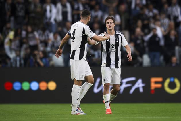 Juventus FC v PSV Eindhoven - UEFA Champions League Kenan Yildiz of Juventus FC celebrates with Federico Gatti of Juventus FC after scoring a goal during the UEFA Champions League football match between Juventus FC and PSV Eindhoven. Turin Italy Copyright: xNicolòxCampox
