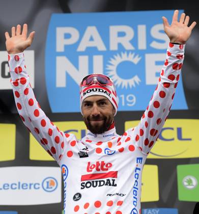 Paris-Nice 2019 - stage 8 NICE, FRANCE - MARCH 17 : DE GENDT Thomas (BEL) of LOTTO SOUDAL pictured during the podium ceremony after stage 8 of the 2019 Paris - Nice cycling race with start and finish in Nice (110 km) on March 17, 2019 in Nice, France, 17 03 2019 Nice France Copyright: xPeterxDexVoechtx 10773376-014