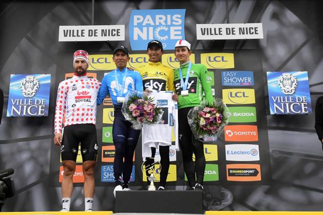 Paris-Nice 2019 - stage 8 NICE, FRANCE - MARCH 17 : DE GENDT Thomas (BEL) of LOTTO SOUDAL, QUINTANA Nairo (COL) of MOVISTAR TEAM, BERNAL GOMEZ Egan Arley (COL) of TEAM SKY and KWIATKOWSKI Michal (POL) of TEAM SKY pictured during the final podium ceremony after stage 8 of the 2019 Paris - Nice cycling race with start and finish in Nice (110 km) on March 17, 2019 in Nice, France, 17 03 2019 Nice France Copyright: xPeterxDexVoechtx 10773376-016