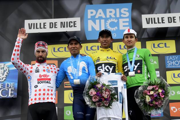 Paris-Nice 2019 - stage 8 NICE, FRANCE - MARCH 17 : DE GENDT Thomas (BEL) of LOTTO SOUDAL, QUINTANA Nairo (COL) of MOVISTAR TEAM, BERNAL GOMEZ Egan Arley (COL) of TEAM SKY and KWIATKOWSKI Michal (POL) of TEAM SKY pictured during the final podium ceremony after stage 8 of the 2019 Paris - Nice cycling race with start and finish in Nice (110 km) on March 17, 2019 in Nice, France, 17 03 2019 Nice France Copyright: xPeterxDexVoechtx 10773376-017