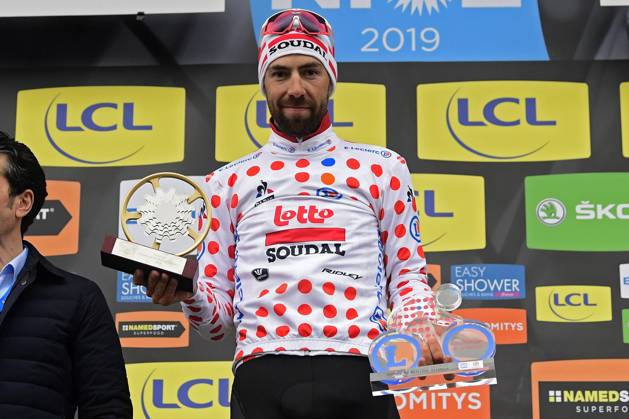 Paris-Nice 2019 - stage 8 NICE, FRANCE - MARCH 17 : DE GENDT Thomas (BEL) of LOTTO SOUDAL pictured with the polka dot jersey during the final podium ceremony after stage 8 of the 2019 Paris - Nice cycling race with start and finish in Nice (110 km) on March 17, 2019 in Nice, France, 17 03 2019 Nice France Copyright: xPeterxDexVoechtx 10773376-030