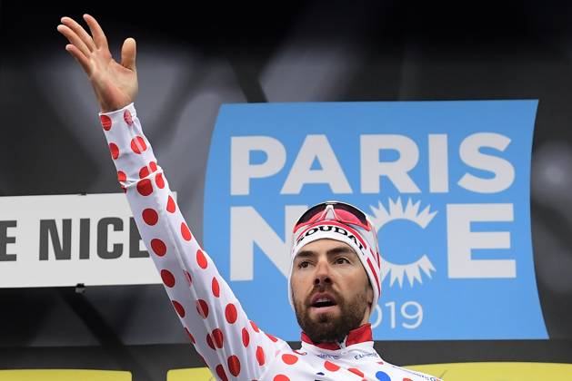 Paris-Nice 2019 - stage 8 NICE, FRANCE - MARCH 17 : DE GENDT Thomas (BEL) of LOTTO SOUDAL pictured with the polka dot jersey during the final podium ceremony after stage 8 of the 2019 Paris - Nice cycling race with start and finish in Nice (110 km) on March 17, 2019 in Nice, France, 17 03 2019 Nice France Copyright: xPeterxDexVoechtx 10773376-032