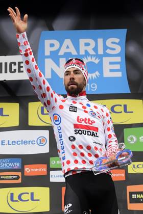 Paris-Nice 2019 - stage 8 NICE, FRANCE - MARCH 17 : DE GENDT Thomas (BEL) of LOTTO SOUDAL pictured with the polka dot jersey during the final podium ceremony after stage 8 of the 2019 Paris - Nice cycling race with start and finish in Nice (110 km) on March 17, 2019 in Nice, France, 17 03 2019 Nice France Copyright: xPeterxDexVoechtx 10773376-033