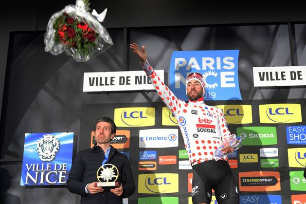 Paris-Nice 2019 - stage 8 NICE, FRANCE - MARCH 17 : DE GENDT Thomas (BEL) of LOTTO SOUDAL pictured with the polka dot jersey during the final podium ceremony after stage 8 of the 2019 Paris - Nice cycling race with start and finish in Nice (110 km) on March 17, 2019 in Nice, France, 17 03 2019 Nice France Copyright: xPeterxDexVoechtx 10773376-034
