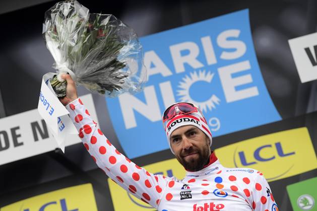 Paris-Nice 2019 - stage 8 NICE, FRANCE - MARCH 17 : DE GENDT Thomas (BEL) of LOTTO SOUDAL pictured with the polka dot jersey during the final podium ceremony after stage 8 of the 2019 Paris - Nice cycling race with start and finish in Nice (110 km) on March 17, 2019 in Nice, France, 17 03 2019 Nice France Copyright: xPeterxDexVoechtx 10773376-035