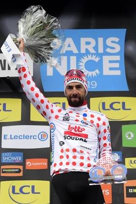 Paris-Nice 2019 - stage 8 NICE, FRANCE - MARCH 17 : DE GENDT Thomas (BEL) of LOTTO SOUDAL pictured with the polka dot jersey during the final podium ceremony after stage 8 of the 2019 Paris - Nice cycling race with start and finish in Nice (110 km) on March 17, 2019 in Nice, France, 17 03 2019 Nice France Copyright: xPeterxDexVoechtx 10773376-036