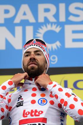 Paris-Nice 2019 - stage 8 NICE, FRANCE - MARCH 17 : DE GENDT Thomas (BEL) of LOTTO SOUDAL pictured with the polka dot jersey during the final podium ceremony after stage 8 of the 2019 Paris - Nice cycling race with start and finish in Nice (110 km) on March 17, 2019 in Nice, France, 17 03 2019 Nice France Copyright: xPeterxDexVoechtx 10773376-038