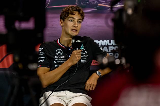 MARINA BAY, SINGAPORE: George Russell, racing for the Mercedes F1 team during the 2024 Formula 1 Singapore Grand Prix at the Marina Bay Street Circuit in Marina Bay, Singapore.