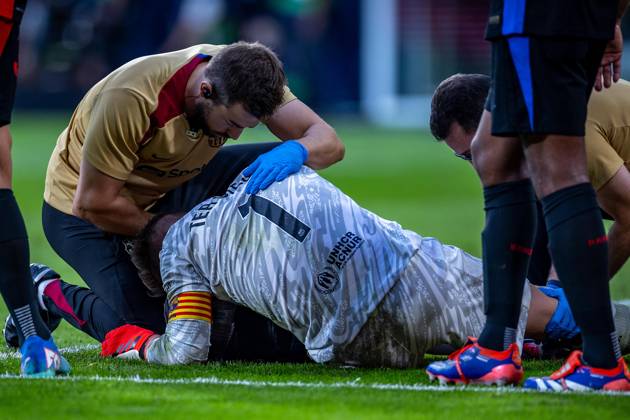 Soccer La Liga matchday 6 FC Villarreal FC Barcelona on 22 09 2024 at Estadio de la Ceramica in Villareal Marc Andre ter Stegen Barcelona injured on the ground xPGSx