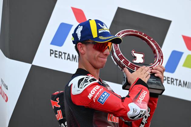 ACOSTA Pedro (spa), Tech3 GasGas Factory Racing, GasGas RC16, podium, portrait during the 2024 MotoGP Pertamina Grand Prix of Indonesia on Pertamina Mandalika International Street Circuit from September 27 to 29, in Central Lombok, Indonesia - MOTO - MOTO GP - GRAND PRIX OF INDONESIA 2024 DPPI Panoramic 2024 15 GP Indonesia 91827