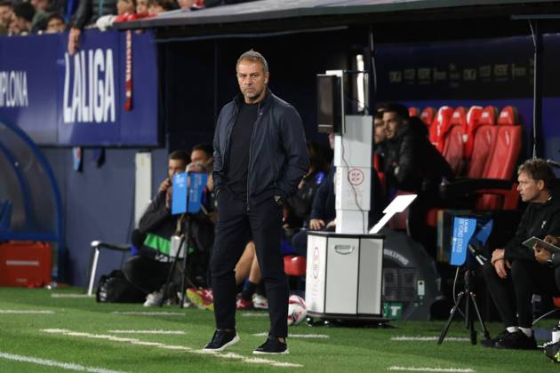 Spain - LaLiga EA Sports - CA Osasuna vs FC Barcelona, Barca - 28 09 2024 SPAIN, PAMPLONA, SEPTEMBER 28. Hansi Flick Head Coach of FC Barcelona during LaLiga EA Sports football match between CA Osasuna and FC Barcelona at Estadio El Sadar on September 28, 2024 in Pamplona, Spain. Photo by Manuel Blondeau AOP.Press Pamplona El Sadar Stadium Navarra Spain Copyright: x ManuelxBlondeau AOP.Pressx AOP20240928 47