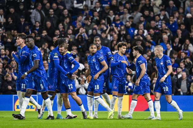Chelsea s Pedro Neto celebrates after scoring during a soccer match between British team Chelsea FC and Belgian team KAA Gent, Thursday 03 October 2024 in London, for the opening day of the UEFA Conference League tournament. TOM GOYVAERTS TomxGoyvaerts x101886250x