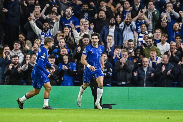 Chelsea s Pedro Neto celebrates after scoring during a soccer match between British team Chelsea FC and Belgian team KAA Gent, Thursday 03 October 2024 in London, for the opening day of the UEFA Conference League tournament. TOM GOYVAERTS TomxGoyvaerts x101886253x