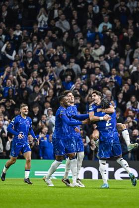 Chelsea s Pedro Neto celebrates after scoring during a soccer match between British team Chelsea FC and Belgian team KAA Gent, Thursday 03 October 2024 in London, for the opening day of the UEFA Conference League tournament. TOM GOYVAERTS TomxGoyvaerts x101886254x