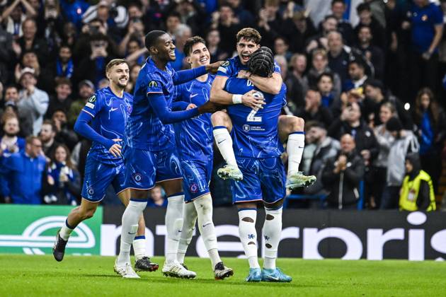 Chelsea s Pedro Neto celebrates after scoring during a soccer match between British team Chelsea FC and Belgian team KAA Gent, Thursday 03 October 2024 in London, for the opening day of the UEFA Conference League tournament. TOM GOYVAERTS TomxGoyvaerts x101886255x