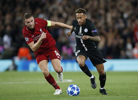 Liverpool v Paris Saint-Germain - UEFA Champions League - Group C - Anfield September 18, 2018 - Liverpool, United Kingdom - Liverpool midfielder Jordan Henderson tackles PSG forward Neymar Neymar during the UEFA Champions League - Group C match at the Anfield Stadium, Liverpool. Picture date 18th September 2018. Picture credit should read: Andrew Yates Sportimage Liverpool United Kingdom EDITORIAL USE ONLY Copyright: xx ZUMA-20180918_zaf_si1_072.jpg AndrewxYatesx csmphototwo436457