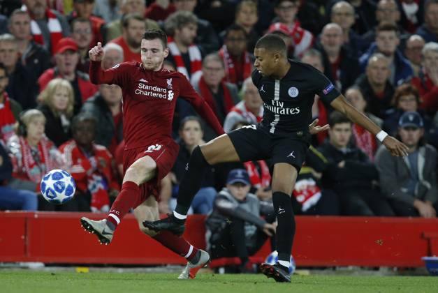 Liverpool v Paris Saint-Germain - UEFA Champions League - Group C - Anfield September 18, 2018 - Liverpool, United Kingdom - Liverpool defender Andy Robertson tackles PSG forward Kylian Mbappe during the UEFA Champions League - Group C match at the Anfield Stadium, Liverpool. Picture date 18th September 2018. Picture credit should read: Andrew Yates Sportimage Liverpool United Kingdom EDITORIAL USE ONLY Copyright: xx ZUMA-20180918_zaf_si1_075.jpg AndrewxYatesx csmphototwo436458