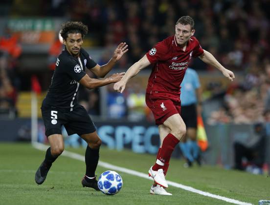 Liverpool v Paris Saint-Germain - UEFA Champions League - Group C - Anfield September 18, 2018 - Liverpool, United Kingdom - PSG defender Marcos Marquinhos tackles Liverpool midfielder James Milner during the UEFA Champions League - Group C match at the Anfield Stadium, Liverpool. Picture date 18th September 2018. Picture credit should read: Andrew Yates Sportimage Liverpool United Kingdom EDITORIAL USE ONLY Copyright: xx ZUMA-20180918_zaf_si1_031.jpg AndrewxYatesx csmphototwo436462