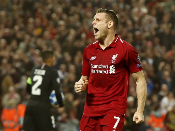 Liverpool v Paris Saint-Germain - UEFA Champions League - Group C - Anfield September 18, 2018 - Liverpool, United Kingdom - Liverpool midfielder James Milner celebrates scoring the second goal during the UEFA Champions League - Group C match at the Anfield Stadium, Liverpool. Picture date 18th September 2018. Picture credit should read: Andrew Yates Sportimage Liverpool United Kingdom EDITORIAL USE ONLY Copyright: xx ZUMA-20180918_zaf_si1_060.jpg AndrewxYatesx csmphototwo436468