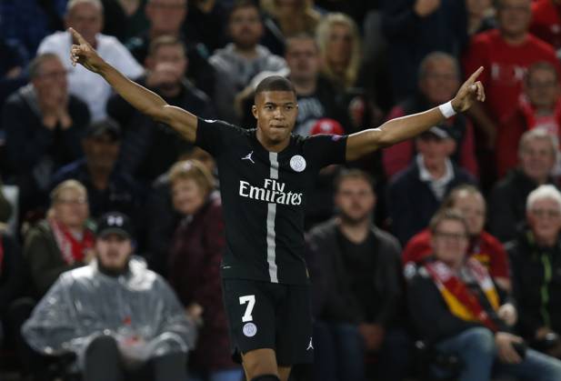 Liverpool v Paris Saint-Germain - UEFA Champions League - Group C - Anfield September 18, 2018 - Liverpool, United Kingdom - PSG forward Kylian Mbappe celebrates scoring their second goal during the UEFA Champions League - Group C match at the Anfield Stadium, Liverpool. Picture date 18th September 2018. Picture credit should read: Andrew Yates Sportimage Liverpool United Kingdom EDITORIAL USE ONLY Copyright: xx ZUMA-20180918_zaf_si1_079.jpg AndrewxYatesx csmphototwo436469