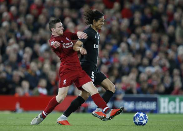 Liverpool v Paris Saint-Germain - UEFA Champions League - Group C - Anfield September 18, 2018 - Liverpool, United Kingdom - Liverpool defender Andy Robertson tackles PSG forward Edinson Cavani during the UEFA Champions League - Group C match at the Anfield Stadium, Liverpool. Picture date 18th September 2018. Picture credit should read: Andrew Yates Sportimage Liverpool United Kingdom EDITORIAL USE ONLY Copyright: xx ZUMA-20180918_zaf_si1_076.jpg AndrewxYatesx csmphototwo436551
