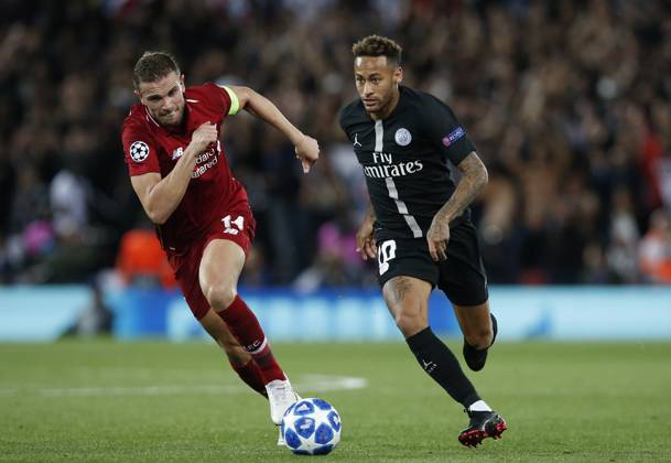Liverpool v Paris Saint-Germain - UEFA Champions League - Group C - Anfield September 18, 2018 - Liverpool, United Kingdom - Liverpool midfielder Jordan Henderson tackles PSG forward Neymar Neymar during the UEFA Champions League - Group C match at the Anfield Stadium, Liverpool. Picture date 18th September 2018. Picture credit should read: Andrew Yates Sportimage Liverpool United Kingdom EDITORIAL USE ONLY Copyright: xx ZUMA-20180918_zaf_si1_071.jpg AndrewxYatesx csmphototwo437312