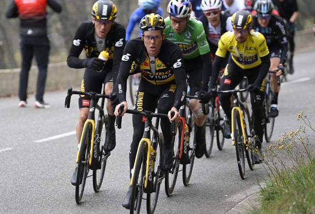 Paris - Nice 2022 - stage 8 NICE, FRANCE - MARCH 13 : Kruijswijk Steven (NED) of Team Jumbo-Visma, Dennis Rohan (AUS) of Team Jumbo-Visma, Van Aert Wout (BEL) of Team Jumbo-Visma & Roglic Primoz (SLO) of Team Jumbo-Visma during stage 8 and final stage of the 80th edition of the Paris - Nice cycling race, a stage of 115,6km with start and finish in Nice on March 13, 2022 in Nice, France, 13 03 2022 ( Motordriver Kenny Verfaillie - Nice France  Copyright: xNicoxVereeckenx 10971685-048