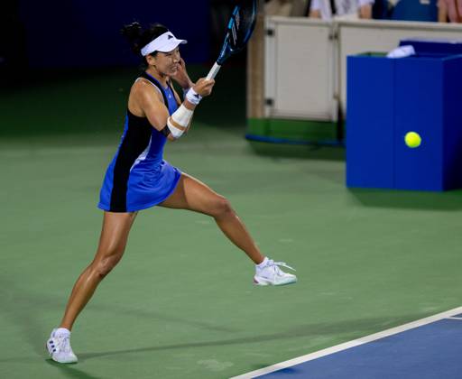 (241009) -- WUHAN, Oct. 9, 2024 -- Wang Xinyu hits a return during the women s singles round of 32 match between Wang Xinyu of China and Lucia Bronzetti of Italy at the 2024 Wuhan Open tennis tournament in Wuhan, capital of central China s Hubei Province, Oct. 9, 2024. ) (SP)CHINA-WUHAN-TENNIS-WUHAN OPEN-WOMEN S SINGLES(CN) HuxJingwen