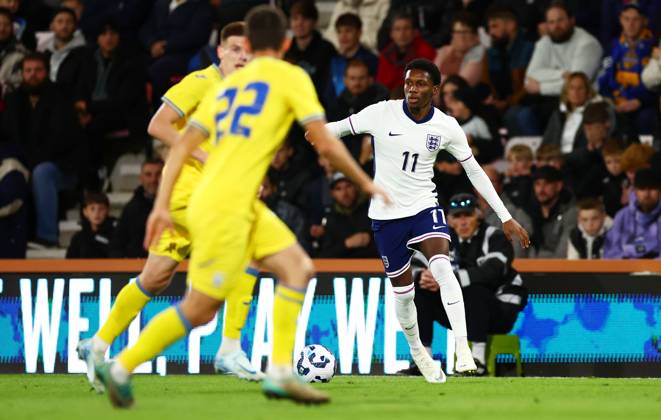 Jaden Philogene of England. England U21, U 21 v Ukraine U21, UEFA U21 Championship 2025 Qualification, Group F, Football, Vitality Stadium, Bournemouth, UK, 11 Oct 2024 EDITORIAL USE ONLY No use with unauthorised audio, video, data, fixture lists, club league logos or live services. Online in-match use limited to 120 images, no video emulation. No use in betting, games or single club league player publications. Copyright: xJamesxMarsh Shutterstockx 14770309n