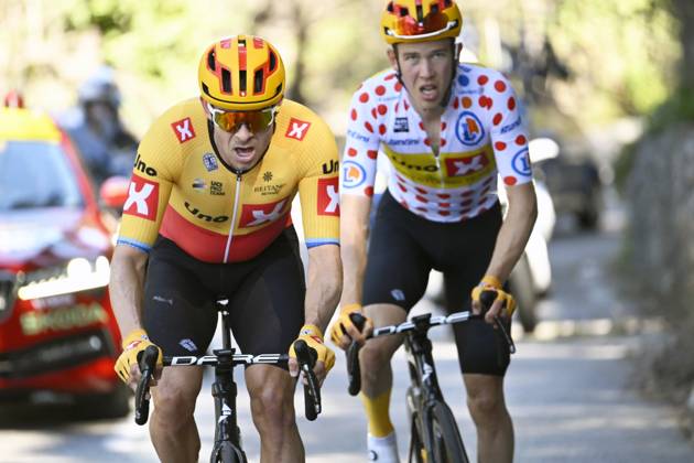 Paris - Nice 2023 - stage 8 NICE, FRANCE - MARCH 12 : Kristoff Alexander (NOR) of Uno-X Pro Cycling Team and Gregaard Jonas (DEN) of Uno-X Pro Cycling Team during stage 8 and final stage of the 81th edition of the Paris - Nice cycling race, a stage of 117,5km with start and finish in Nice on March 12, 2023 in Nice, France, 12 03 2023 ( Motordriver Kenny Verfaillie - Nice France  Copyright: xNicoxVereeckenx 11021759-036