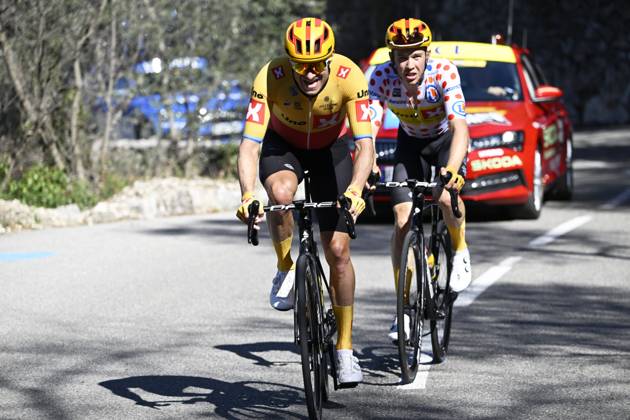 Paris - Nice 2023 - stage 8 NICE, FRANCE - MARCH 12 : Kristoff Alexander (NOR) of Uno-X Pro Cycling Team and Gregaard Jonas (DEN) of Uno-X Pro Cycling Team during stage 8 and final stage of the 81th edition of the Paris - Nice cycling race, a stage of 117,5km with start and finish in Nice on March 12, 2023 in Nice, France, 12 03 2023 ( Motordriver Kenny Verfaillie - Nice France  Copyright: xNicoxVereeckenx 11021759-046