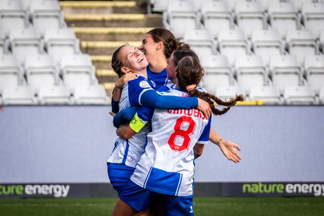 OB Q v HB Koge, Gjensidige Kvindeliga football, Odense, Denmark Odense, Denmark. 12th, October 2024. Sophia Rosario French scores a last-minute equaliser for 1-1 during the Gjensidige Kvindeliga match between OB Q and HB Koge at Nature Energy Park in Odense. Denmark, Odense Copyright: xGonzalesxPhoto KentxRasmussenx