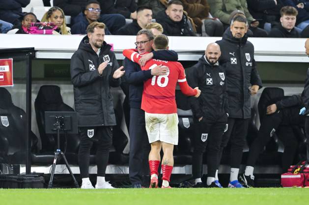 SOCCER - NL, AUT vs NOR LINZ,AUSTRIA,13.OCT.24 - SOCCER - UEFA Nations League, group stage, OEFB international match, Länderspiel, Nationalmannschaft Austria vs Norway. Image shows head coach Ralf Rangnick and Romano Christian Schmid (AUT). GEPAxpictures xChristianxMoser