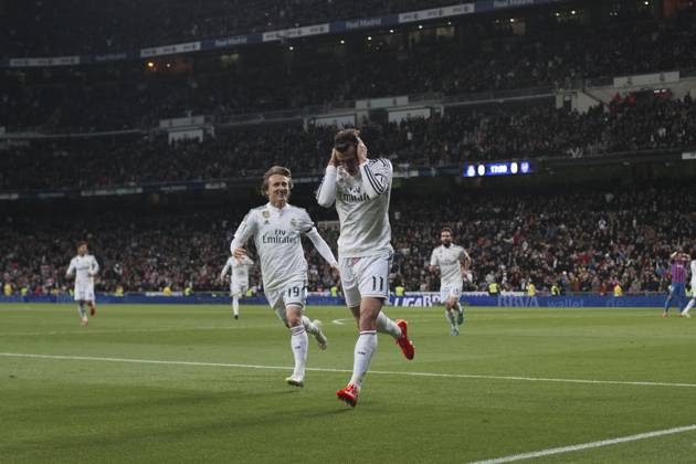 REAL MADRID vs Levante SPAIN, Madrid:Real Madrid s Welsh forward Gareth Bale Celebrates a goal during the Spanish League 2014 15 match between Real Madrid and Levante, at Santiago Bernabeu Stadium in Madrid on March 15, 2015. (Photo by Guillermo Martinez) Madrid Santiago Bernabà u Stadium Spain Copyright: xGuillermoxMartinezx