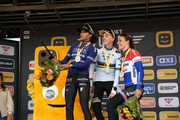 Dutch Ceylin Del Carmen Alvarado, Dutch Fem Van Empel, Dutch Lucinda Brand and pictured on the podium after the women elite race of the Cyclocross Ruddervoorde, Sunday 20 October 2024 in Oostkamp, the first stage of the Superprestige cyclocross cycling competition. KURTxDESPLENTER  x103089807x
