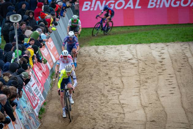 Belgian Gerben Kuypers, Belgian Michael Vanthourenhout, Belgian Toon Vandebosch and Belgian Joran Wyseure pictured in action during the men elite race of the Cyclocross Ruddervoorde, Sunday 20 October 2024 in Oostkamp, the first stage of the Superprestige cyclocross cycling competition. KURTxDESPLENTER  x103107716x