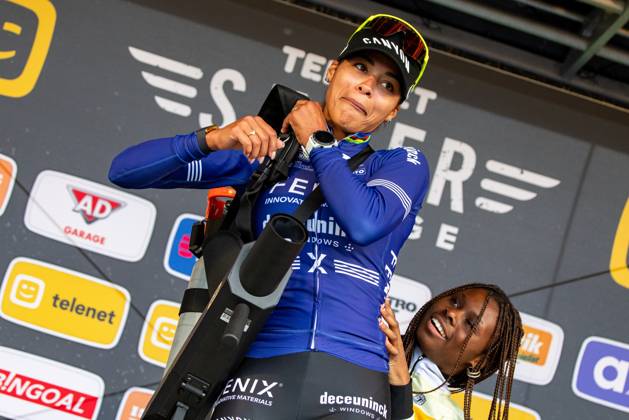 Dutch Ceylin Del Carmen Alvarado celebrates on the podium after winning the women elite race of the Cyclocross Ruddervoorde, Sunday 20 October 2024 in Oostkamp, the first stage of the Superprestige cyclocross cycling competition. KURTxDESPLENTER  x103109016x