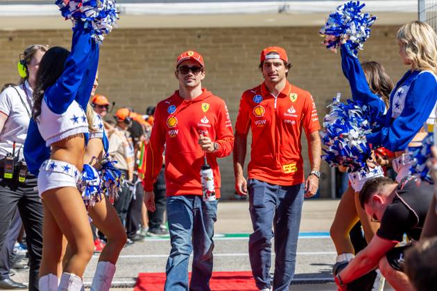 AUSTIN, TX - OCTOBER 20: Charles Leclerc (16) of Morocco and team Scuderia Ferrari and Carlos Sainz (55) of Spain and team Scuderia Ferrari during the drivers™ parade before the Formula 1 Pirelli United States Grand Prix on October 20, 2024 at the Circuit of The Americas in Austin, TX. (Photo by Bob Kupbens Icon Sportswire)(Photo by Bob Kupbens Icon Sportswire) AUTO: OCT 20 F1 Pirelli United States Grand Prix EDITORIAL USE ONLY Icon2410200561