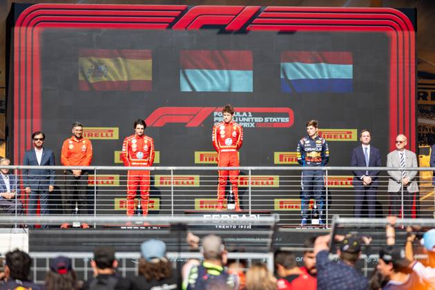 AUSTIN, TX - OCTOBER 20: Charles Leclerc (16) of Morocco and team Scuderia Ferrari, Carlos Sainz (55) of Spain and team Scuderia Ferrari and Max Verstappen (1) of Netherlands and team Oracle Red Bull Racing after the Formula 1 Pirelli United States Grand Prix on October 20, 2024 at the Circuit of The Americas in Austin, TX. (Photo by Bob Kupbens Icon Sportswire)(Photo by Bob Kupbens Icon Sportswire) AUTO: OCT 20 F1 Pirelli United States Grand Prix EDITORIAL USE ONLY Icon2410201961