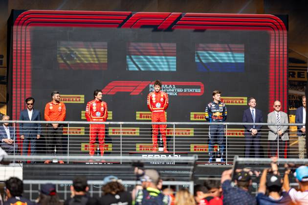 AUSTIN, TX - OCTOBER 20: Charles Leclerc (16) of Morocco and team Scuderia Ferrari, Carlos Sainz (55) of Spain and team Scuderia Ferrari and Max Verstappen (1) of Netherlands and team Oracle Red Bull Racing after the Formula 1 Pirelli United States Grand Prix on October 20, 2024 at the Circuit of The Americas in Austin, TX. (Photo by Bob Kupbens Icon Sportswire)(Photo by Bob Kupbens Icon Sportswire) AUTO: OCT 20 F1 Pirelli United States Grand Prix EDITORIAL USE ONLY Icon2410201971