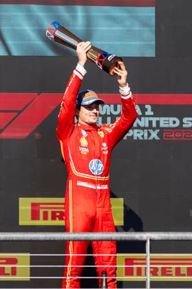 AUSTIN, TX - OCTOBER 20: Charles Leclerc (16) of Morocco and team Scuderia Ferrari holds his trophy after the Formula 1 Pirelli United States Grand Prix on October 20, 2024 at the Circuit of The Americas in Austin, TX. (Photo by Bob Kupbens Icon Sportswire)(Photo by Bob Kupbens Icon Sportswire) AUTO: OCT 20 F1 Pirelli United States Grand Prix EDITORIAL USE ONLY Icon2410201981