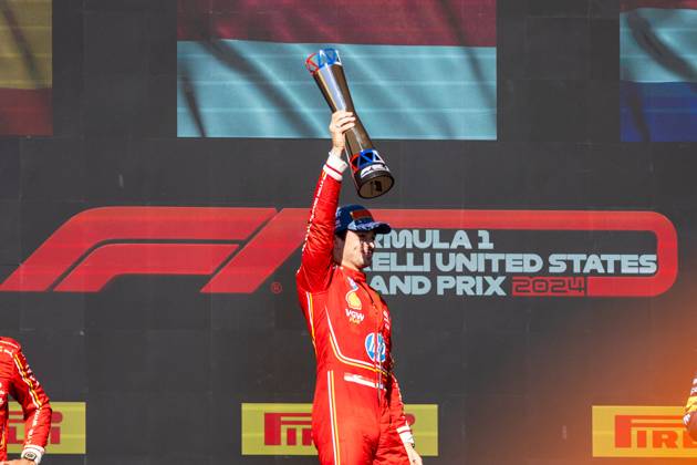 AUSTIN, TX - OCTOBER 20: Charles Leclerc (16) of Morocco and team Scuderia Ferrari holds his trophy after the Formula 1 Pirelli United States Grand Prix on October 20, 2024 at the Circuit of The Americas in Austin, TX. (Photo by Bob Kupbens Icon Sportswire)(Photo by Bob Kupbens Icon Sportswire) AUTO: OCT 20 F1 Pirelli United States Grand Prix EDITORIAL USE ONLY Icon2410201991
