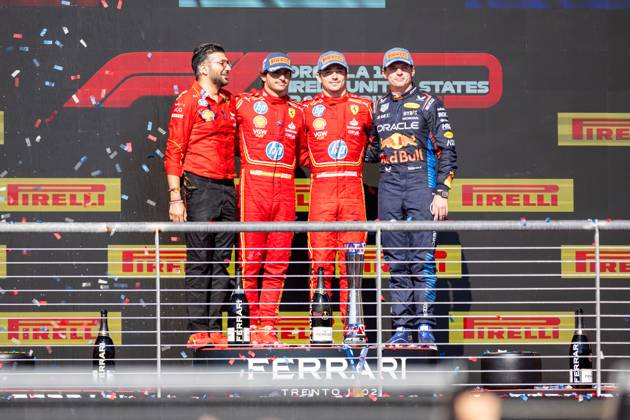 AUSTIN, TX - OCTOBER 20: Charles Leclerc (16) of Morocco and team Scuderia Ferrari, Carlos Sainz (55) of Spain and team Scuderia Ferrari and Max Verstappen (1) of Netherlands and team Oracle Red Bull Racing after the Formula 1 Pirelli United States Grand Prix on October 20, 2024 at the Circuit of The Americas in Austin, TX. (Photo by Bob Kupbens Icon Sportswire)(Photo by Bob Kupbens Icon Sportswire) AUTO: OCT 20 F1 Pirelli United States Grand Prix EDITORIAL USE ONLY Icon2410202031