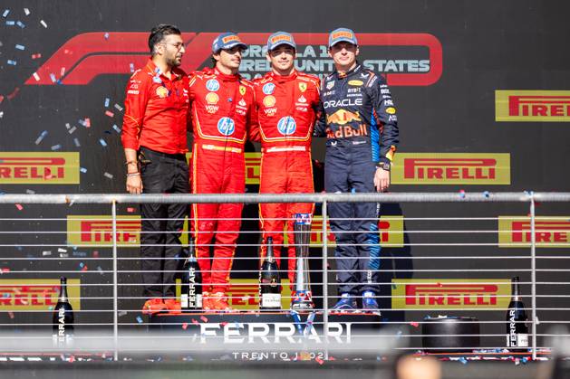 AUSTIN, TX - OCTOBER 20: Charles Leclerc (16) of Morocco and team Scuderia Ferrari, Carlos Sainz (55) of Spain and team Scuderia Ferrari and Max Verstappen (1) of Netherlands and team Oracle Red Bull Racing after the Formula 1 Pirelli United States Grand Prix on October 20, 2024 at the Circuit of The Americas in Austin, TX. (Photo by Bob Kupbens Icon Sportswire)(Photo by Bob Kupbens Icon Sportswire) AUTO: OCT 20 F1 Pirelli United States Grand Prix EDITORIAL USE ONLY Icon2410202041