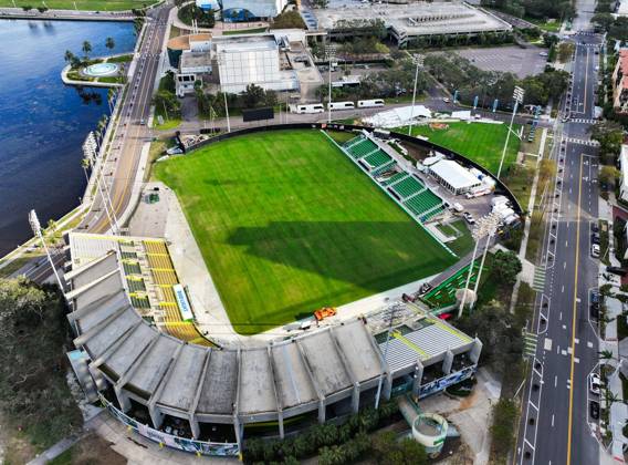 October 21, 2024, St. Petersburg, Florida, USA: An aerial drone view of Al Lang Stadium, the home of the Tampa Bay Rowdies, at 230 1st St SE, on Monday, Oct. 21, 2024, in St. Petersburg. Al Lang Stadium is a potential option for the Tampa Bay Rays considering the damage to the roof at Tropicana Field from Hurricane Milton. St. Petersburg USA - ZUMAs70_ 0774813212st Copyright: xDirkxShaddx