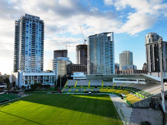 October 21, 2024, St. Petersburg, Florida, USA: An aerial drone view of Al Lang Stadium, the home of the Tampa Bay Rowdies, at 230 1st St SE, on Monday, Oct. 21, 2024, in St. Petersburg. Al Lang Stadium is a potential option for the Tampa Bay Rays considering the damage to the roof at Tropicana Field from Hurricane Milton. St. Petersburg USA - ZUMAs70_ 0774813607st Copyright: xDirkxShaddx