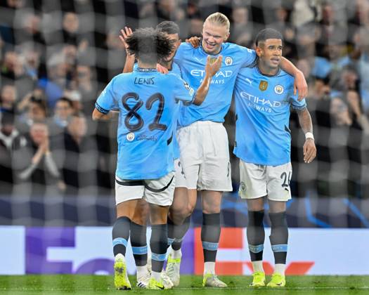 UEFA Champions League, League Stage Manchester City v Sparta Prague Erling Haaland of Manchester City celebrates his goal to make it 4-0 during the UEFA Champions League, League Stage Manchester City v Sparta Prague at Etihad Stadium, Manchester, United Kingdom, 23rd October 2024 (Photo by Cody Froggatt News Images) Manchester Etihad Stadium Manchester United, ManU Kingdom Copyright: xCodyxFroggatt NewsxImagesx