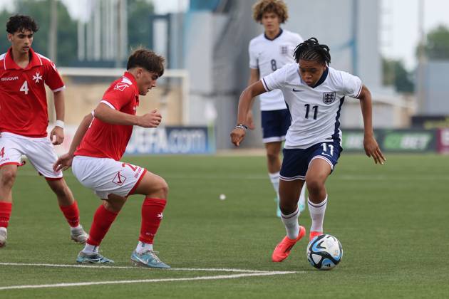 TA™ QALI, MALTA - OCTOBER 24: Rio Ngumoha (R) of England moves away with the ball from Drew Miceli of Malta during the UEFA European Under-17 Championship 2025 Group 1 qualifying soccer match between England and Malta at the Centenary Stadium, Ta™ Qali, Malta on October 24, 2024. England v Malta - Under-17 Championship UEFA Qualifying 2025 UEFA_U17_QLFY_25